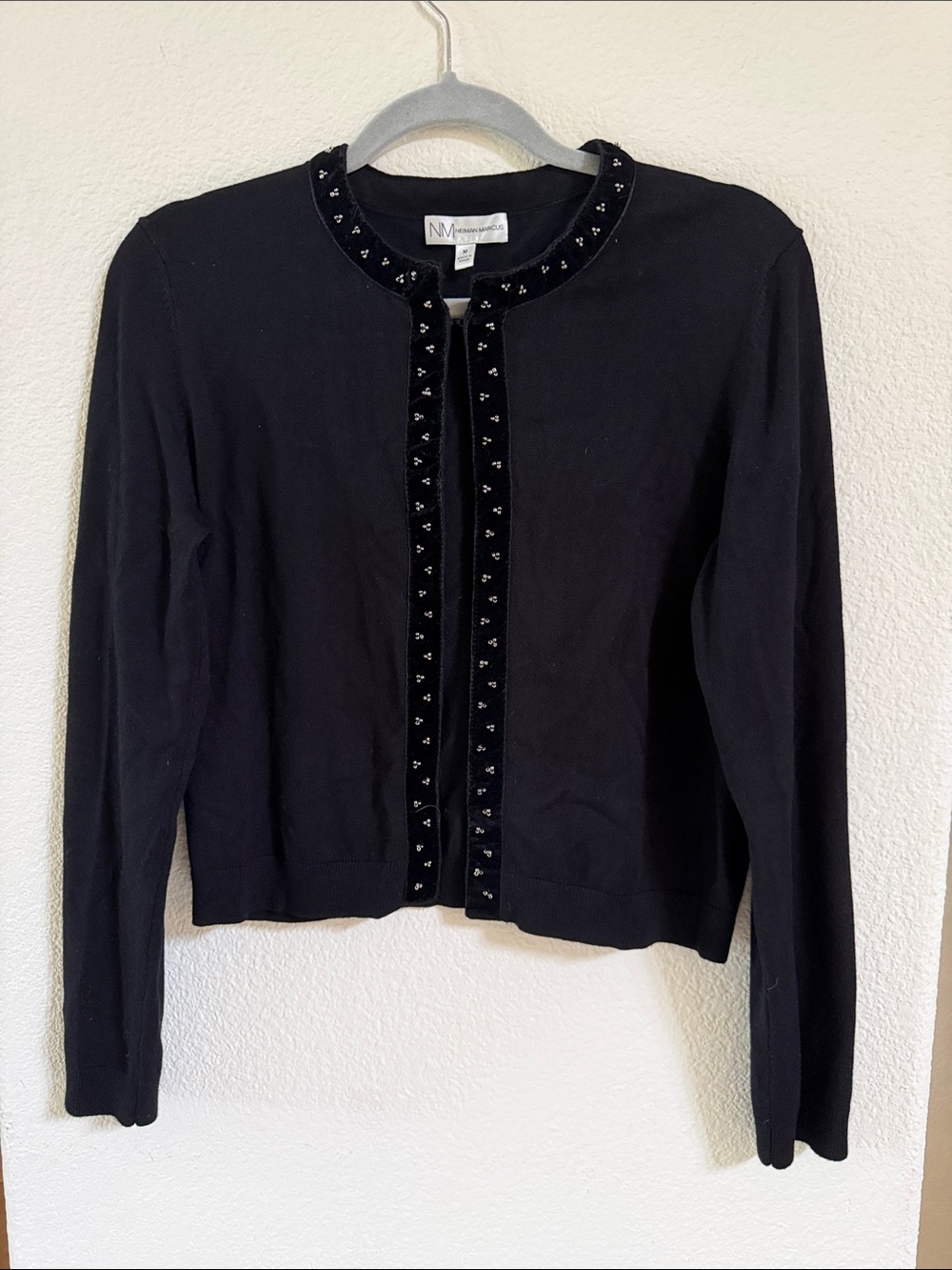 Neiman Marcus Black Velvet-Trim Beaded Cardigan M